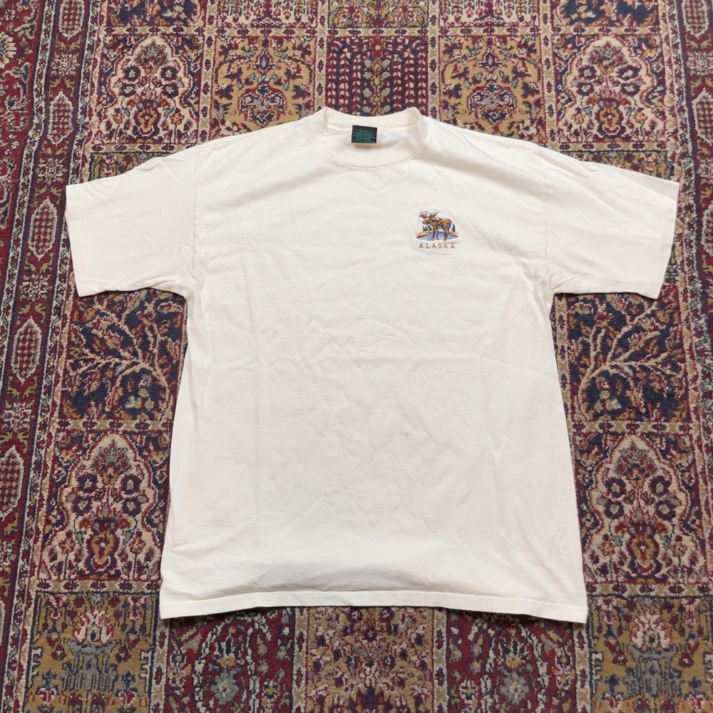 VTG 90s Habitat Alaska Moose Embroidered T-Shirt Cream Mens XL Made in USA 90s